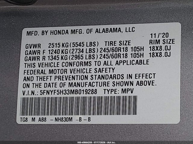 Продажа на аукционе авто 2021 Honda Pilot 2wd Ex, vin: 5FNYF5H33MB019288, номер лота: 45664259