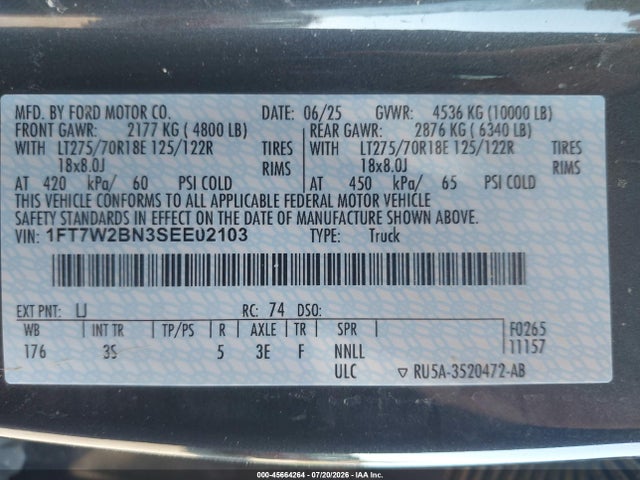 2025 Ford F-250 Xlt მანქანა იყიდება აუქციონზე, vin: 1FT7W2BN3SEE02103, აუქციონის ნომერი: 45664264