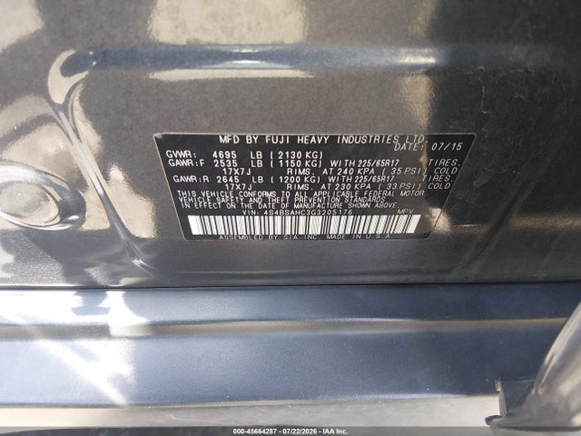 Subaru Outback 2.5i Premium 2016 4S4BSAHC3G3205176 Image 9