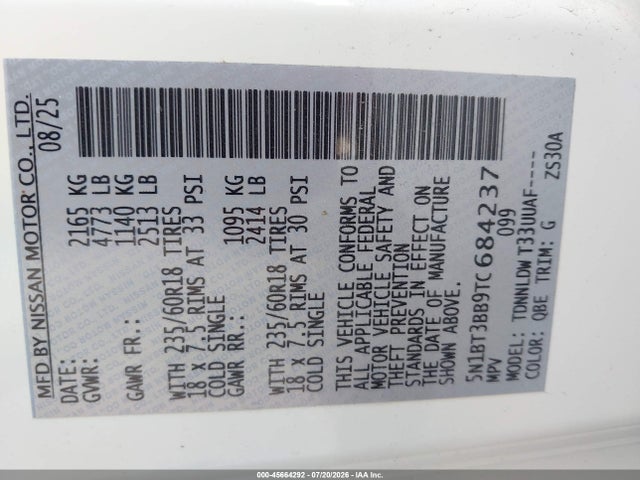 2026 Nissan Rogue Sv მანქანა იყიდება აუქციონზე, vin: 5N1BT3BB9TC684237, აუქციონის ნომერი: 45664292