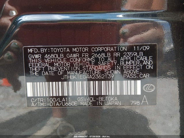 45664297 :رقم المزاد ، JTHBK1EG4A2362139 vin ، 2010 Lexus Es 350 مزاد بيع