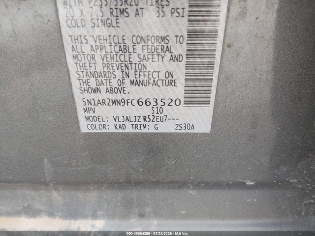 Nissan Pathfinder Platinum 2015 5N1AR2MN9FC663520 Image 9