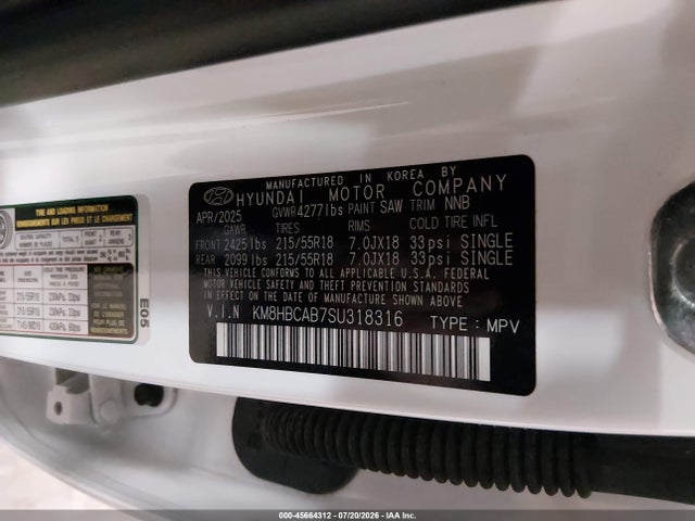 2025 Hyundai Kona Sel მანქანა იყიდება აუქციონზე, vin: KM8HBCAB7SU318316, აუქციონის ნომერი: 45664312