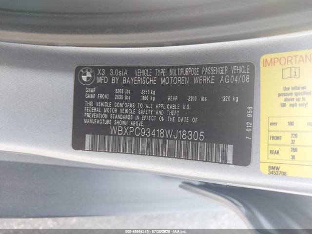 Aukcja sprzedaży 2008 Bmw X3 3.0si, vin: WBXPC93418WJ18305, numer aukcji: 45664315