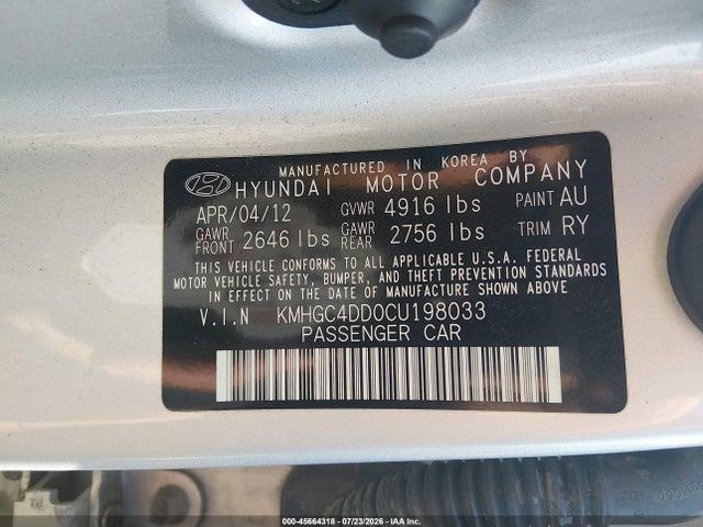 2012 Hyundai Genesis 3.8 მანქანა იყიდება აუქციონზე, vin: KMHGC4DD0CU198033, აუქციონის ნომერი: 45664318