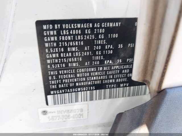 Продажа на аукционе авто 2016 Volkswagen Tiguan S, vin: WVGAV7AX0GW502195, номер лота: 45664329