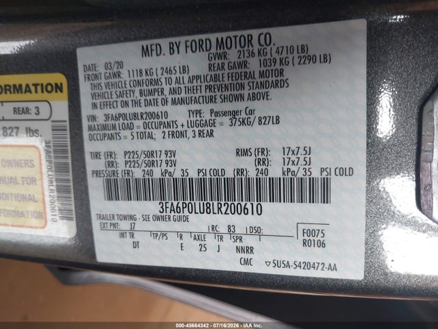 2020 Ford Fusion Hybrid Se მანქანა იყიდება აუქციონზე, vin: 3FA6P0LU8LR200610, აუქციონის ნომერი: 45664342