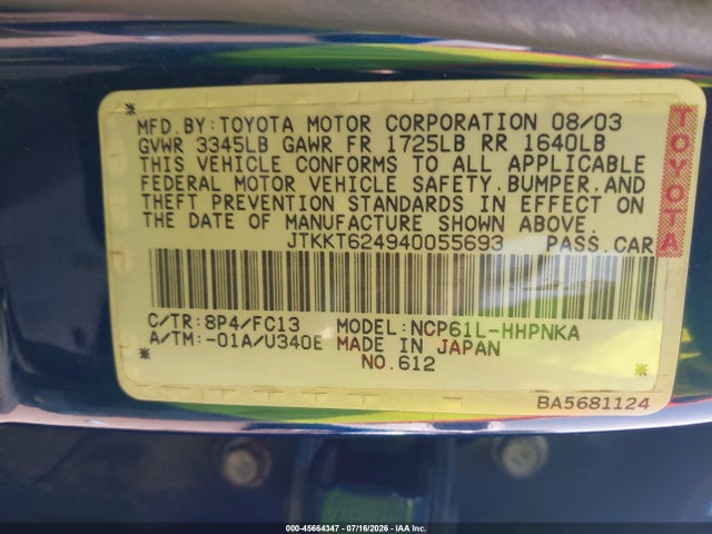 Aukcja sprzedaży 2004 Scion Xa, vin: JTKKT624940055693, numer aukcji: 45664347
