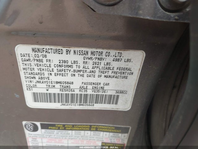 45664363 :رقم المزاد ، JNKAY01E18M605848 vin ، 2008 Infiniti M35 مزاد بيع