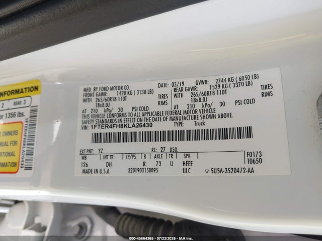 2019 Ford Ranger Lariat მანქანა იყიდება აუქციონზე, vin: 1FTER4FH8KLA26430, აუქციონის ნომერი: 45664365