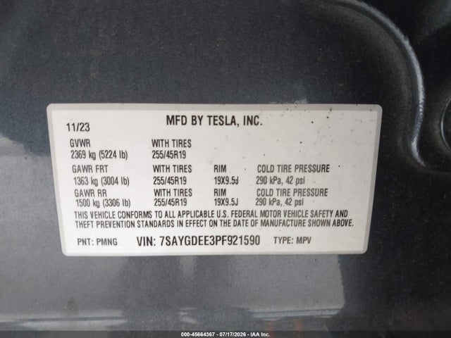 Продаж на аукціоні авто 2023 Tesla Model Y Awd/long Range Dual Motor All-wheel Drive, vin: 7SAYGDEE3PF921590, номер лоту: 45664367