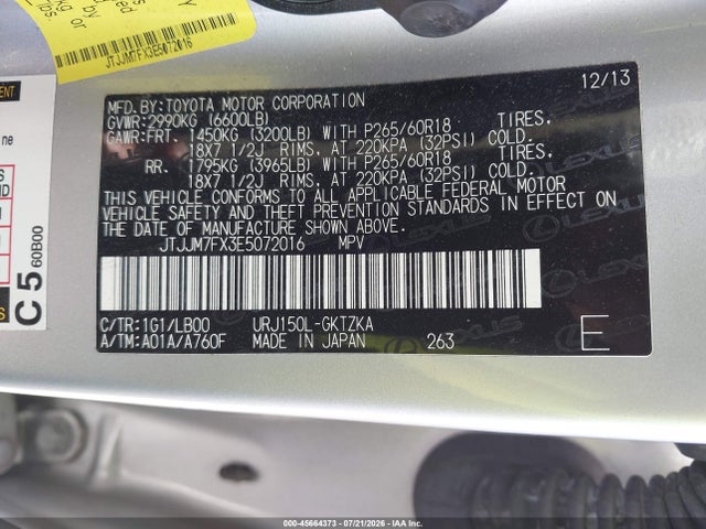 45664373 :رقم المزاد ، JTJJM7FX3E5072016 vin ، 2014 Lexus Gx 460 Luxury مزاد بيع
