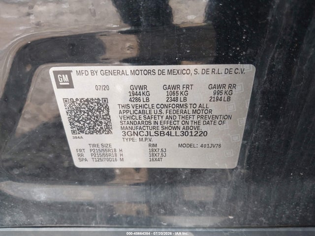 45664384 :رقم المزاد ، 3GNCJLSB4LL301220 vin ، 2020 Chevrolet Trax Fwd Lt مزاد بيع