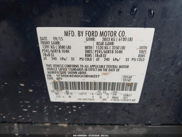 Aukcja sprzedaży 2016 Ford Explorer Xlt, vin: 1FM5K8D80GGB08257, numer aukcji: 45664394