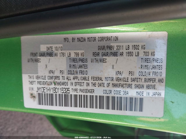 2011 Mazda Mazda2 Touring მანქანა იყიდება აუქციონზე, vin: JM1DE1HY1B0115325, აუქციონის ნომერი: 45664402