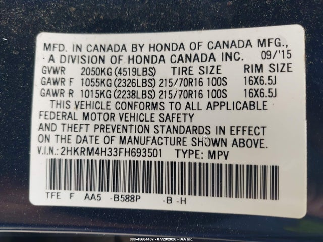 45664407 :رقم المزاد ، 2HKRM4H33FH693501 vin ، 2015 Honda Cr-v Lx مزاد بيع