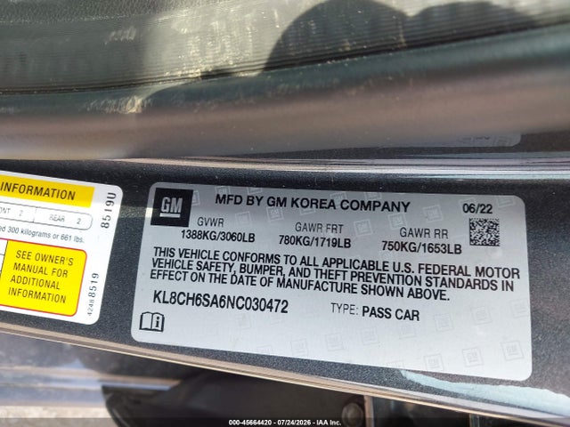 45664420 :رقم المزاد ، KL8CH6SA6NC030472 vin ، 2022 Chevrolet Spark Fwd Activ Automatic مزاد بيع