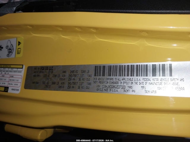 Aukcja sprzedaży 2019 Jeep Wrangler Unlimited Sport S 4x4, vin: 1C4HJXDG0KW537323, numer aukcji: 45664445