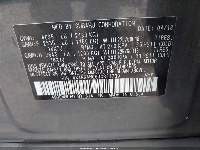 45664473 :رقم المزاد ، 4S4BSANC6J3361739 vin ، 2018 Subaru Outback 2.5i Limited مزاد بيع