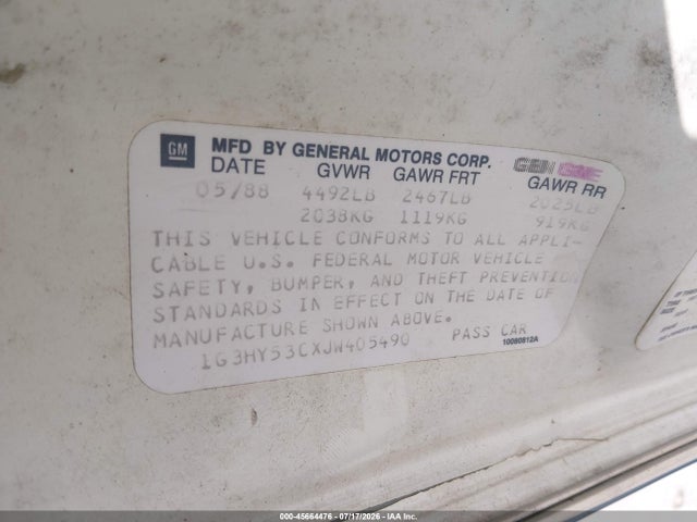 45664476 :رقم المزاد ، 1G3HY53CXJW405490 vin ، 1988 Oldsmobile Delta 88 Royale Brougham مزاد بيع