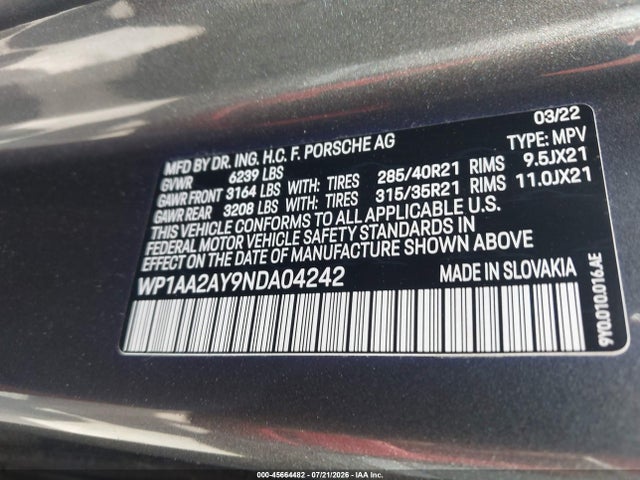 Aukcja sprzedaży 2022 Porsche Cayenne Platinum Edition, vin: WP1AA2AY9NDA04242, numer aukcji: 45664482