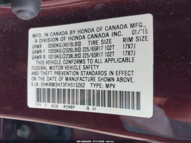 45664489 :رقم المزاد ، 2HKRM3H73FH515262 vin ، 2015 Honda Cr-v Ex-l مزاد بيع