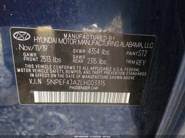 2020 Hyundai Sonata Sel მანქანა იყიდება აუქციონზე, vin: 5NPEF4JA2LH003315, აუქციონის ნომერი: 45664499