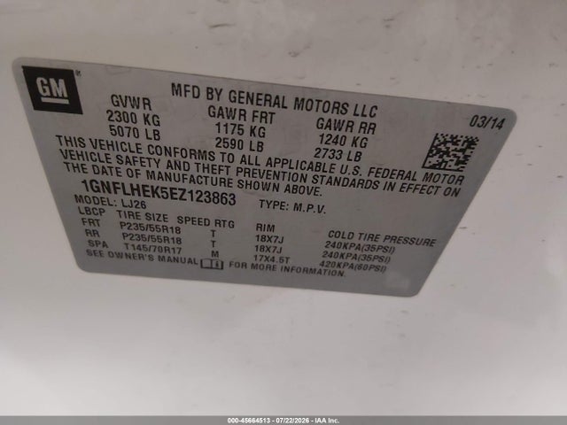Aukcja sprzedaży 2014 Chevrolet Equinox Ltz, vin: 1GNFLHEK5EZ123863, numer aukcji: 45664513
