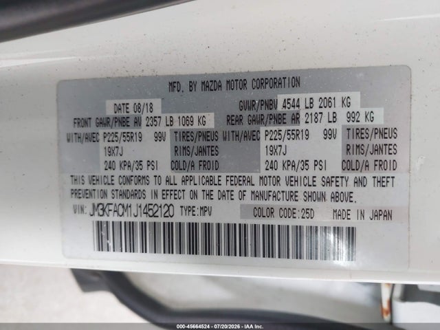 2018 Mazda Cx-5 Touring მანქანა იყიდება აუქციონზე, vin: JM3KFACM1J1452120, აუქციონის ნომერი: 45664524