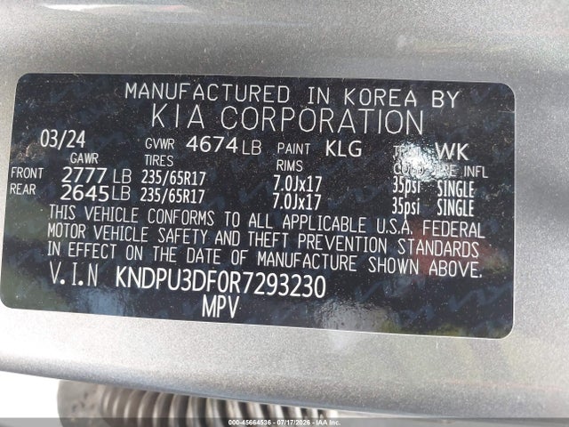 45664536 :رقم المزاد ، KNDPU3DF0R7293230 vin ، 2024 Kia Sportage Lx مزاد بيع