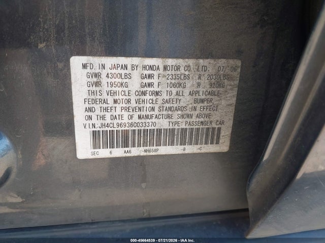 Продажа на аукционе авто 2006 Acura Tsx, vin: JH4CL96936C033370, номер лота: 45664539