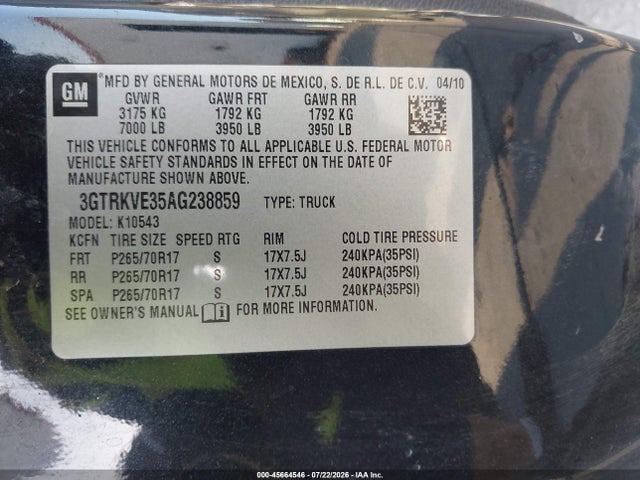 Продажа на аукционе авто 2010 Gmc Sierra 1500 Sle, vin: 3GTRKVE35AG238859, номер лота: 45664546