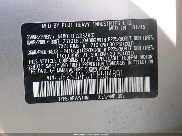 Продажа на аукционе авто 2015 Subaru Forester 2.5i Premium, vin: JF2SJAFC7FH584891, номер лота: 45664548
