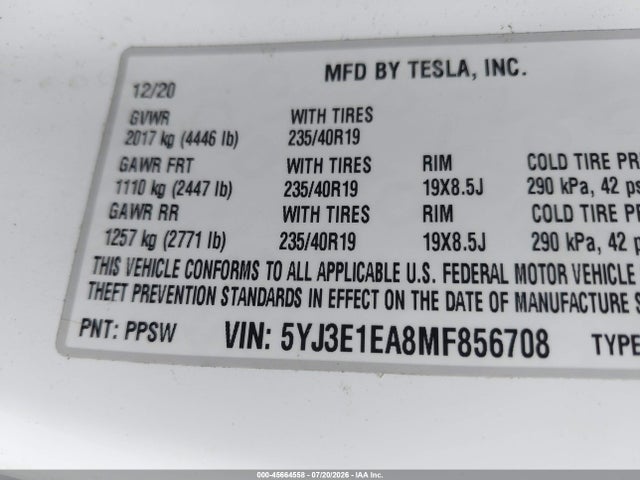 Tesla Model 3 Standard Range Plus Rear-wheel Drive 2021 5YJ3E1EA8MF856708 Image 9