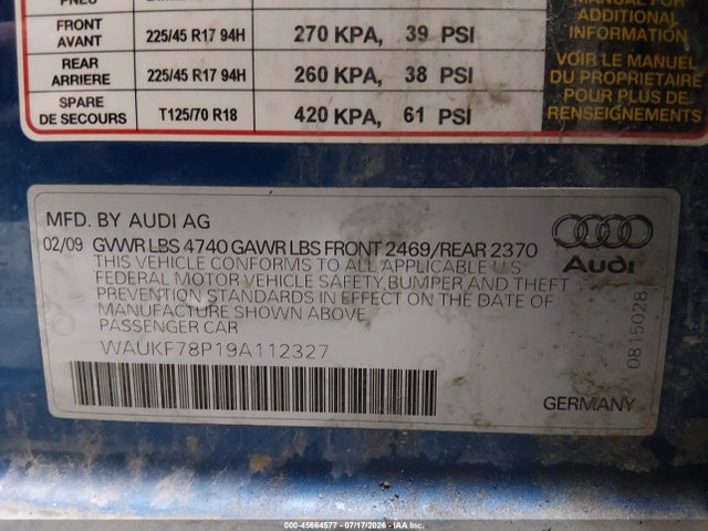2009 Audi A3 2.0t მანქანა იყიდება აუქციონზე, vin: WAUKF78P19A112327, აუქციონის ნომერი: 45664577