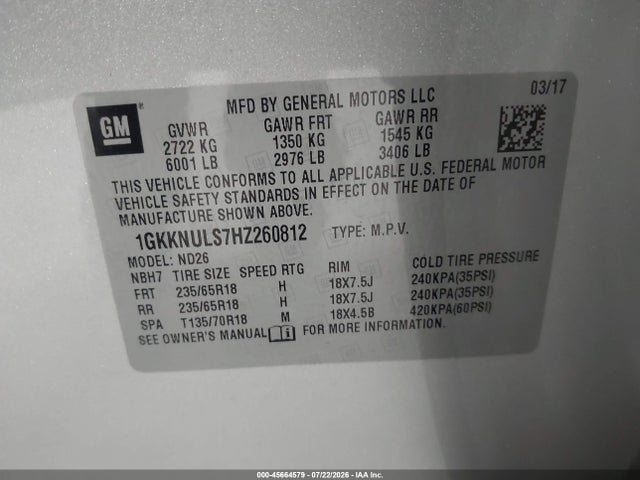 Aukcja sprzedaży 2017 Gmc Acadia Slt-1, vin: 1GKKNULS7HZ260812, numer aukcji: 45664579