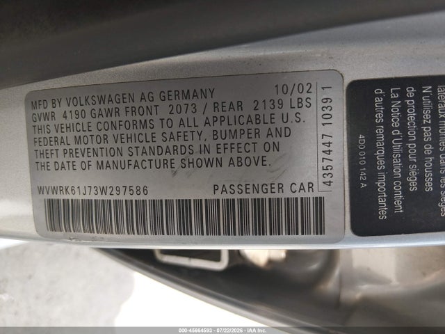 2003 Volkswagen Jetta Gl მანქანა იყიდება აუქციონზე, vin: WVWRK61J73W297586, აუქციონის ნომერი: 45664593