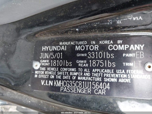 Aukcja sprzedaży 2001 Hyundai Accent Gs, vin: KMHCG35C81U156404, numer aukcji: 45664603