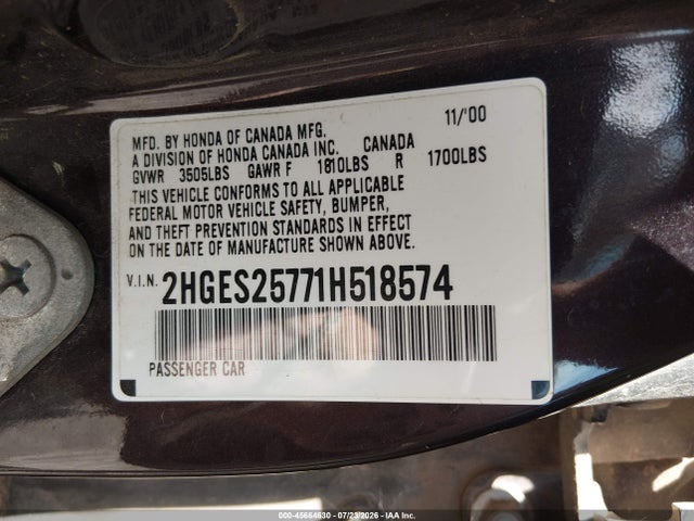 Aukcja sprzedaży 2001 Honda Civic Ex, vin: 2HGES25771H518574, numer aukcji: 45664630
