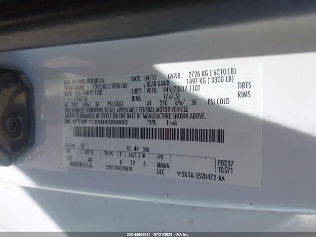 45664631 :رقم المزاد ، 1FTMF1C81HKD60692 vin ، 2017 Ford F-150 Xl مزاد بيع