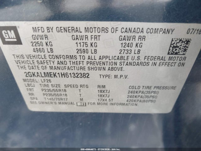 45664673 :رقم المزاد ، 2GKALMEK1H6132382 vin ، 2017 Gmc Terrain Sle-1 مزاد بيع