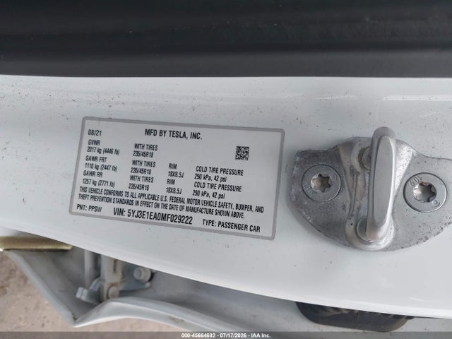 2021 Tesla Model 3 Standard Range Plus Rear-wheel Drive მანქანა იყიდება აუქციონზე, vin: 5YJ3E1EA0MF029222, აუქციონის ნომერი: 45664682