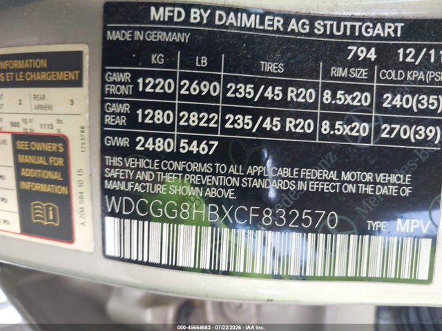 Aukcja sprzedaży 2012 Mercedes-benz Glk 350 4matic, vin: WDCGG8HBXCF832570, numer aukcji: 45664683