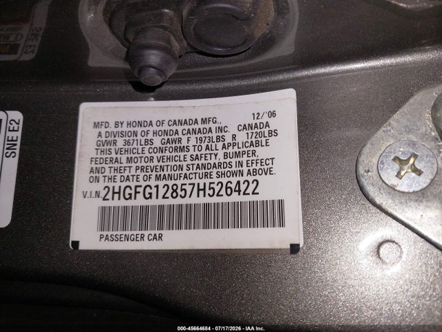 Aukcja sprzedaży 2007 Honda Civic Ex, vin: 2HGFG12857H526422, numer aukcji: 45664684