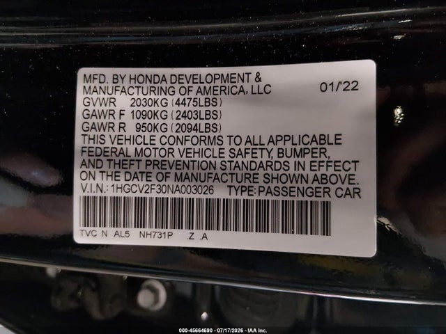 Продаж на аукціоні авто 2022 Honda Accord Sport 2.0t, vin: 1HGCV2F30NA003026, номер лоту: 45664690