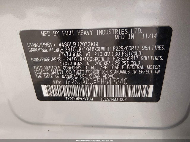 Aukcja sprzedaży 2015 Subaru Forester 2.5i Premium, vin: JF2SJADCXFH547840, numer aukcji: 45664698