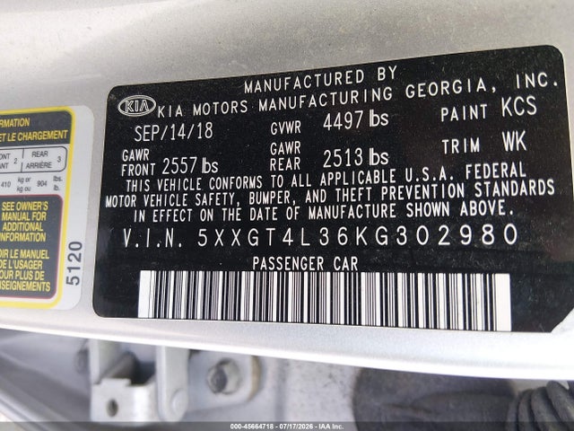 2019 Kia Optima Lx მანქანა იყიდება აუქციონზე, vin: 5XXGT4L36KG302980, აუქციონის ნომერი: 45664718