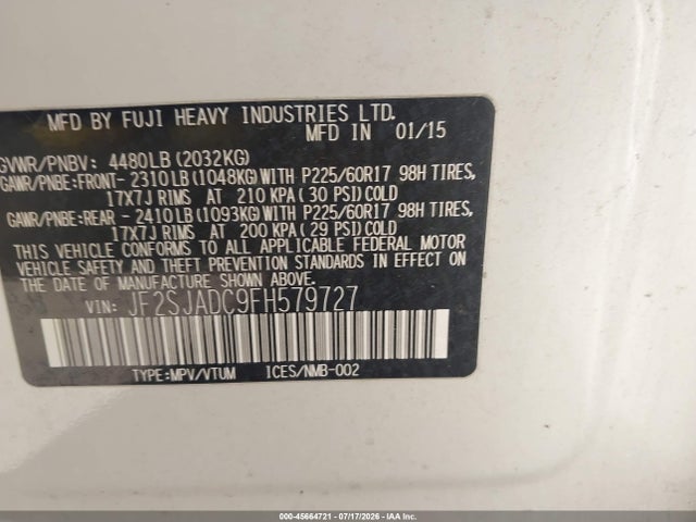 Продажа на аукционе авто 2015 Subaru Forester 2.5i Premium, vin: JF2SJADC9FH579727, номер лота: 45664721