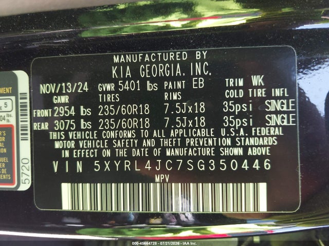 Aukcja sprzedaży 2025 Kia Sorento S, vin: 5XYRL4JC7SG350446, numer aukcji: 45664728