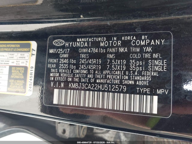 Продаж на аукціоні авто 2017 Hyundai Tucson Limited, vin: KM8J3CA22HU512579, номер лоту: 45664729